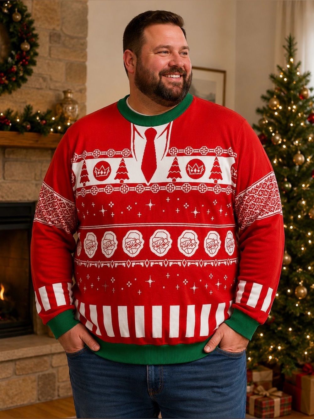 Ranboo Men's Necktie Holiday Christmas Long Sleeve Crewneck Sweater Size 4XL
